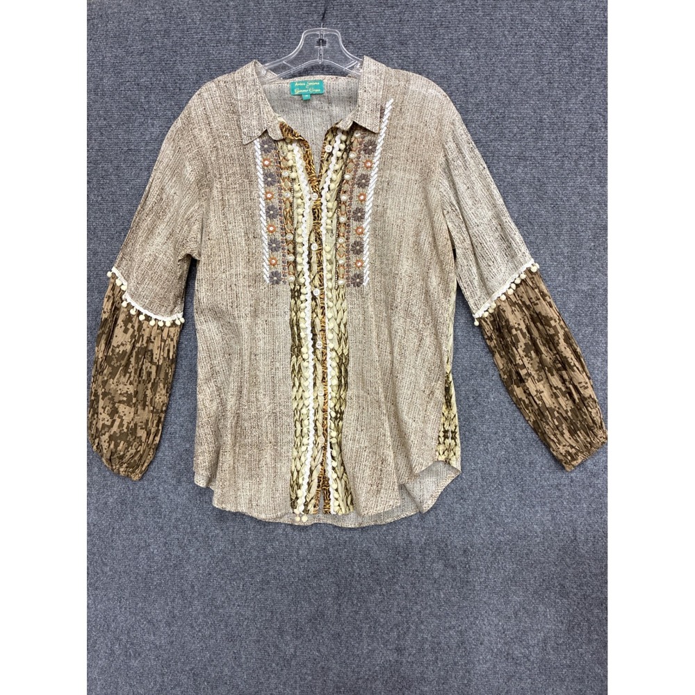 Antica Sartoria Giacomo Cinque Embroidered Boho Cotton Shirt Brown Tan Medium